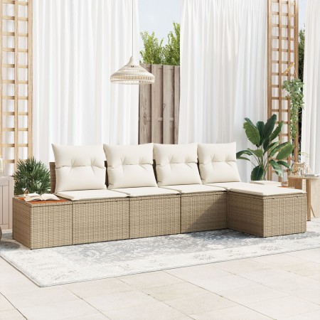 Juego de Sofá de Jardín de 5 Piezas con Cojines Beige Ratán Sintético Acacia de , Sofás de exterior - Ref: Foro24-3348067, Pr...
