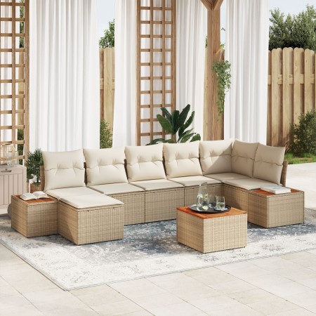 Juego de Sofá de Jardín de 8 Piezas con Cojines Beige de Ratán Poli y Acacia de , Sofás de exterior - Ref: Foro24-3348137, Pr...