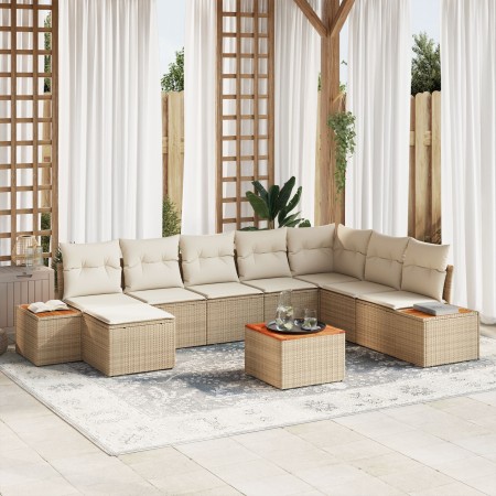 Juego de Sofá de Jardín de 9 Piezas con Cojines Beige de Polirratán y Acacia de , Sofás de exterior - Ref: Foro24-3348152, Pr...