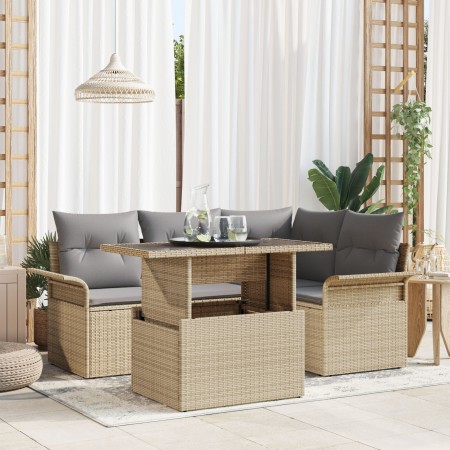 Conjunto de Sofá de Jardín de 5 Piezas con Cojines Beige de Ratán Poliéster de , Sofás de exterior - Ref: Foro24-3348276, Pre...