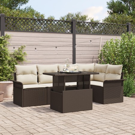 Set de Sofás de Jardín Set de 6 Marrón y Crema Poliratán, Poliéster de , Sofás de exterior - Ref: Foro24-3348284, Precio: 475...