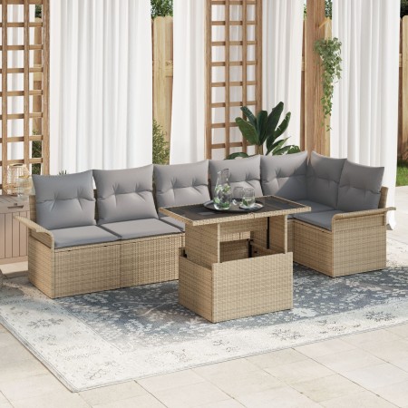 Conjunto de Sofá Jardín de 7 Piezas con Cojines Beige de Ratán Poliéster de , Sofás de exterior - Ref: Foro24-3348296, Precio...