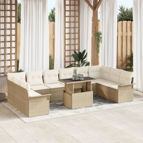 Juego de Sofá de Jardín de 11 Piezas con Cojines Beige Ratán Poliéster de , Sofás de exterior - Ref: Foro24-3348357, Precio: ...