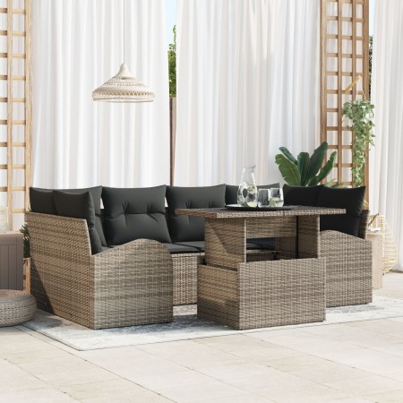 Conjunto de Sofá de Jardín de 7 Piezas con Cojines Gris de Poliéster Ratan de , Sofás de exterior - Ref: Foro24-3348575, Prec...