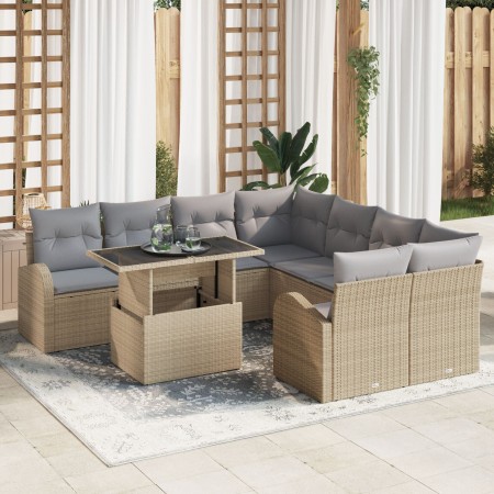Set de Sofá de Jardín de 9 Piezas con Cojines Beige de Ratán Sintético de , Sofás de exterior - Ref: Foro24-3348616, Precio: ...