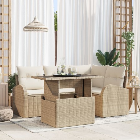 Juego de Sofá de Jardín de 5 Piezas con Cojines de Ratán Sintético Beige de , Sofás de exterior - Ref: Foro24-3348637, Precio...