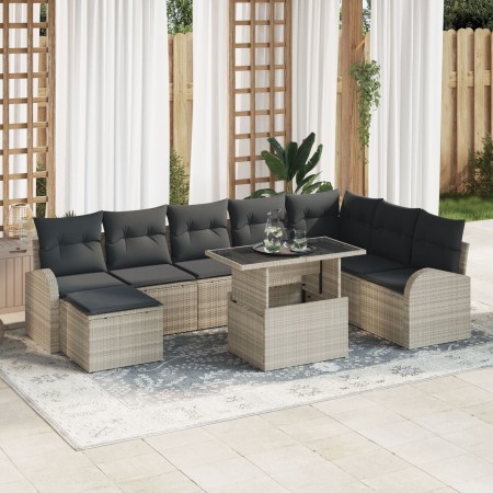 Juego de Sofá de Jardín de 9 Piezas con Cojines Beig Claro Rattan Poliéster de , Sofás de exterior - Ref: Foro24-3348698, Pre...