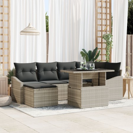 Conjunto de sofá de jardín de 7 piezas con cojines en ratán poliéster gris claro de , Sofás de exterior - Ref: Foro24-3349038...