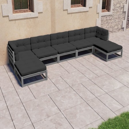 Set de muebles de jardín 7 pzas con cojines madera pino gris de vidaXL, Conjuntos de jardín - Ref: Foro24-3077126, Precio: 58...