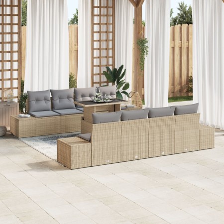 Conjunto de Sofá de Jardín de 9 Piezas con Cojines Beige de Ratán Poliéster de , Sofás de exterior - Ref: Foro24-3349146, Pre...