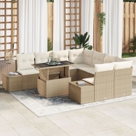 Conjunto de Sofá de Jardín de 9 Piezas con Cojines Beige de Ratán Poliéster de , Sofás de exterior - Ref: Foro24-3349157, Pre...