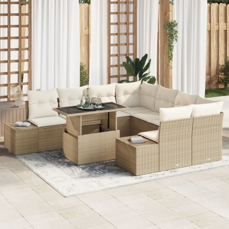 Conjunto de Sofá de Jardín de 9 Piezas con Cojines Beige de Ratán Poliéster de , Sofás de exterior - Ref: Foro24-3349157, Pre...