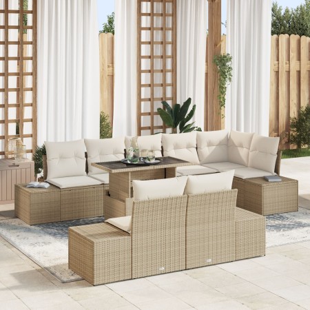 Juego de Sofás de Jardín Conjunto de 9 Beige Ratán, Poliéster de , Sofás de exterior - Ref: Foro24-3349207, Precio: 724,91 €,...