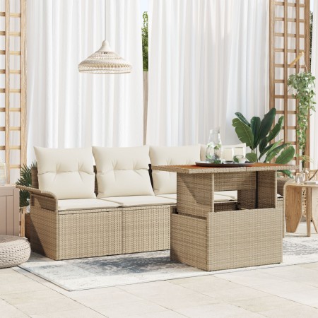 Juego de Sofá de Jardín de 5 Piezas con Cojines Beige Ratán Polivalente Acacia de , Sofás de exterior - Ref: Foro24-3349266, ...