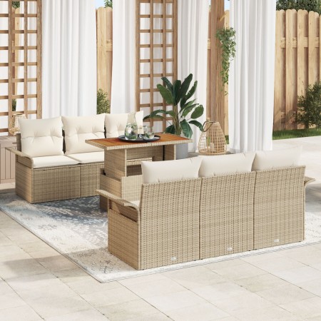 Conjunto de Sofá de Jardín de 7 Piezas con Cojines Beige Ratán Poliéster Acacia de , Sofás de exterior - Ref: Foro24-3349280,...