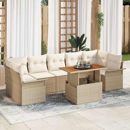 Juego de Sofá de Jardín de 8 Piezas con Cojines Beige Ratán Poli Acacia de , Sofás de exterior - Ref: Foro24-3349301, Precio:...