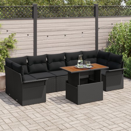 Set de Sofá de Jardín de 8 Piezas con Cojines Negro Poliratán Acacia de , Sofás de exterior - Ref: Foro24-3349302, Precio: 58...