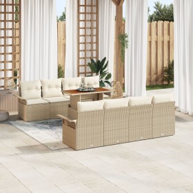 Conjunto de Sofá de Jardín de 9 Piezas con Cojines Beige Ratán Poliéster Acacia de , Sofás de exterior - Ref: Foro24-3349308,...
