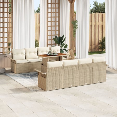 Conjunto de Sofá de Jardín de 9 Piezas con Cojines Beige Ratán Poliéster Acacia de , Sofás de exterior - Ref: Foro24-3349308,...