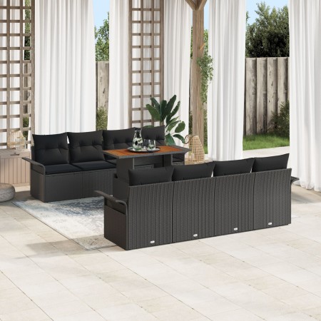 Set de 9 Piezas de Sofá de Jardín con Cojines Negro de Ratán Poliéster Acacia de , Sofás de exterior - Ref: Foro24-3349309, P...