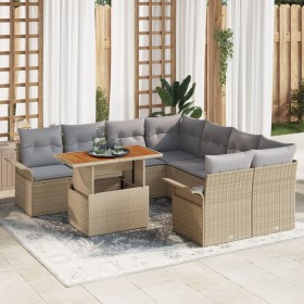 Conjunto de Sofá de Jardín de 9 Piezas con Cojines Beige Poliratán Acacia de , Sofás de exterior - Ref: Foro24-3349314, Preci...
