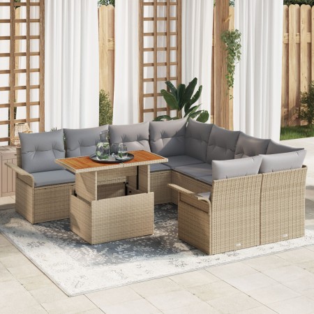 Conjunto de Sofá de Jardín de 9 Piezas con Cojines Beige Poliratán Acacia de , Sofás de exterior - Ref: Foro24-3349314, Preci...