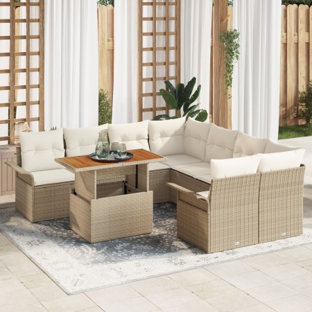 Conjunto de Sofá de Jardín de 9 Piezas con Cojines Beige Ratán Poliuretano de , Sofás de exterior - Ref: Foro24-3349315, Prec...