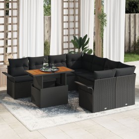 Set de Sofá de Jardín de 9 Piezas con Cojines Negro Ratán Poliéster Acacia de , Sofás de exterior - Ref: Foro24-3349316, Prec...