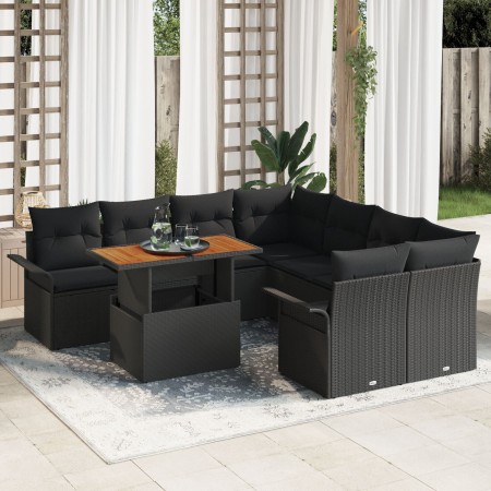 Set de Sofá de Jardín de 9 Piezas con Cojines Negro Ratán Poliéster Acacia de , Sofás de exterior - Ref: Foro24-3349316, Prec...