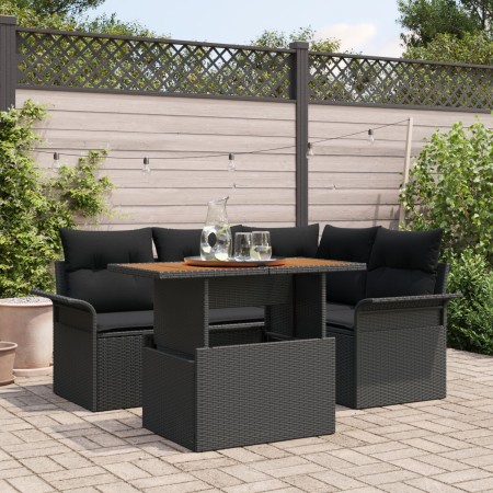 Conjunto de Comedor de Jardín de 5 piezas con cojines Negros de Poliratán y Acacia de , Sofás de exterior - Ref: Foro24-33493...