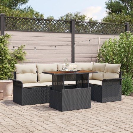 Conjunto de Comedor de Jardín de 6 Piezas con Cojines Negro Ratán Polimérico Acacia de , Sofás de exterior - Ref: Foro24-3349...