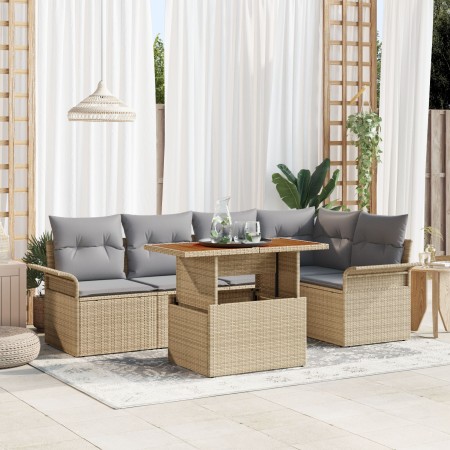Conjunto de Comedor de Jardín de 6 Piezas con Cojines Beige Poliratán Acacia de , Sofás de exterior - Ref: Foro24-3349335, Pr...