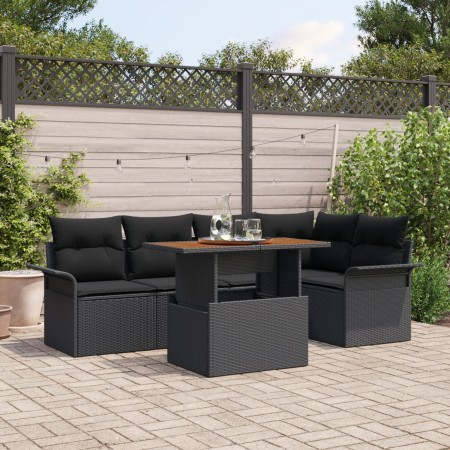Conjunto de Comedor de Jardín de 6 Piezas con Cojines Negro de Poliratán Acacia de , Sofás de exterior - Ref: Foro24-3349337,...