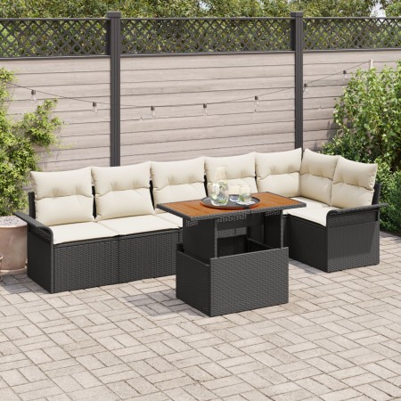 Juego de Comedor de Jardín de 7 Piezas con Cojines Negro Ratán Sintético Acacia de , Sofás de exterior - Ref: Foro24-3349340,...