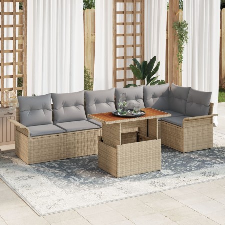 Set de Comedor de 7 Piezas para Jardín con Cojines Beige Ratán Sintético Acacia de , Sofás de exterior - Ref: Foro24-3349342,...