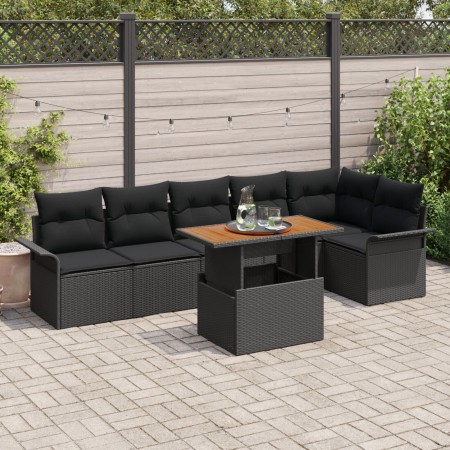 Conjunto de Comedor de Jardín de 7 Piezas con Cojines Negro Ratán Polietileno Acacia de , Sofás de exterior - Ref: Foro24-334...