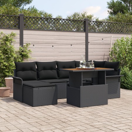 Conjunto de Comedor de Jardín de 7 Piezas con Cojines Negro Polirratán Acacia de , Sofás de exterior - Ref: Foro24-3349358, P...