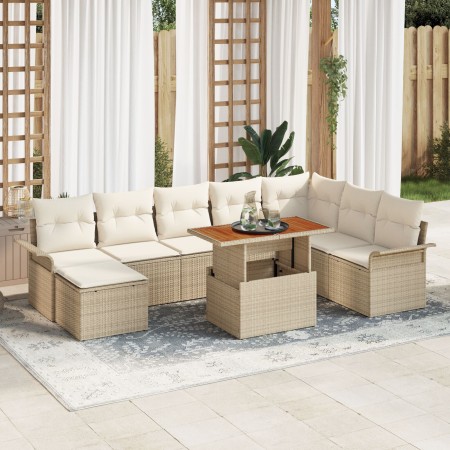 Conjunto de 9 Piezas de Comedor de Jardín con Cojines Beige de Poliratán Acacia de , Sofás de exterior - Ref: Foro24-3349371,...