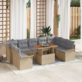 Conjunto de Comedor de Jardín de 10 Piezas con Cojines Beige Poliratán Acacia de , Sofás de exterior - Ref: Foro24-3349377, P...