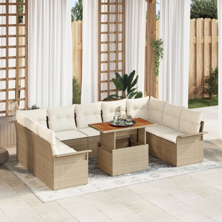 Conjunto de comedor de jardín de 10 piezas con cojines Beige Ratán Poliéster de , Sofás de exterior - Ref: Foro24-3349378, Pr...