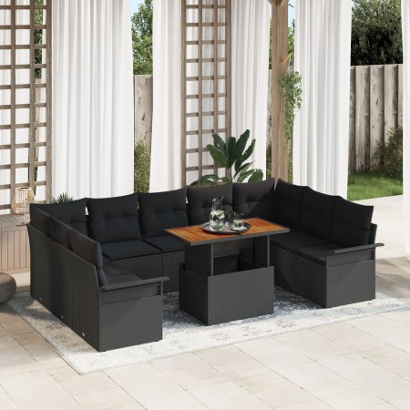 Juego de Comedor de Jardín de 10 Piezas con Cojines Negro Poliratán Acacia de , Sofás de exterior - Ref: Foro24-3349379, Prec...