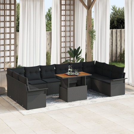 Juego de Comedor de Jardín de 11 Piezas con Cojines Negro Poliratán Acacia de , Sofás de exterior - Ref: Foro24-3349386, Prec...