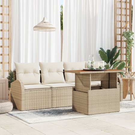 Juego de Comedor de Jardín de 5 Piezas con Cojines Beige Ratán Poliacacia de , Sofás de exterior - Ref: Foro24-3349518, Preci...