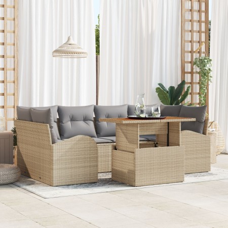 Conjunto de Comedor de Jardín de 7 Piezas con Cojines Beige Poliratán Acacia de , Sofás de exterior - Ref: Foro24-3349538, Pr...