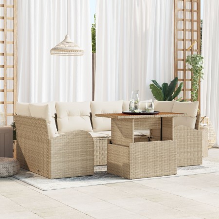 Juego de Comedor de Jardín de 7 Piezas con Cojines Beige Ratán Sintético Acacia de , Sofás de exterior - Ref: Foro24-3349539,...