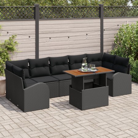 Juego de Comedor de Jardín de 8 Piezas con Cojines Negro Ratán Poliéster Acacia de , Sofás de exterior - Ref: Foro24-3349554,...