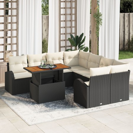 Conjunto de Comedor de Jardín de 9 Piezas con Cojines Negro de Ratán Sintético Acacia de , Sofás de exterior - Ref: Foro24-33...