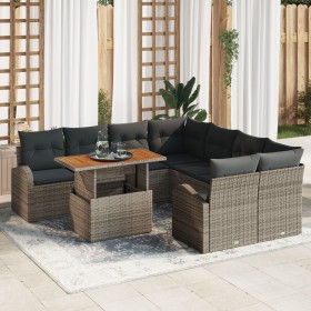 Juego de Comedor de Jardín de 9 piezas con Cojines Gris Ratán Poliéster Acacia de , Sofás de exterior - Ref: Foro24-3349565, ...