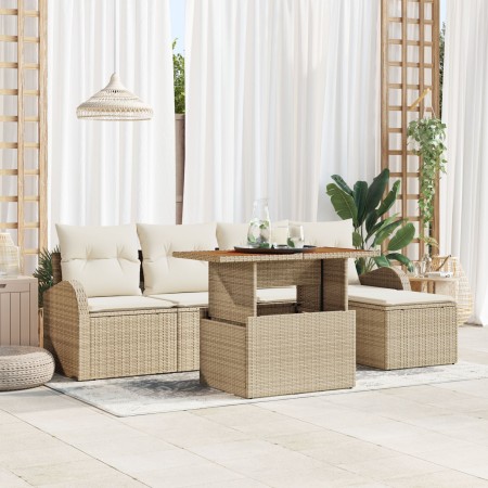 Conjunto de Comedor de Jardín de 6 Piezas con Cojines Beige de Poliratán y Acacia de , Sofás de exterior - Ref: Foro24-334957...