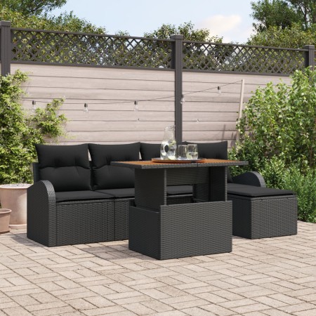 Set de comedor de jardín de 6 piezas con cojines, ratán negro y acacia de , Sofás de exterior - Ref: Foro24-3349575, Precio: ...